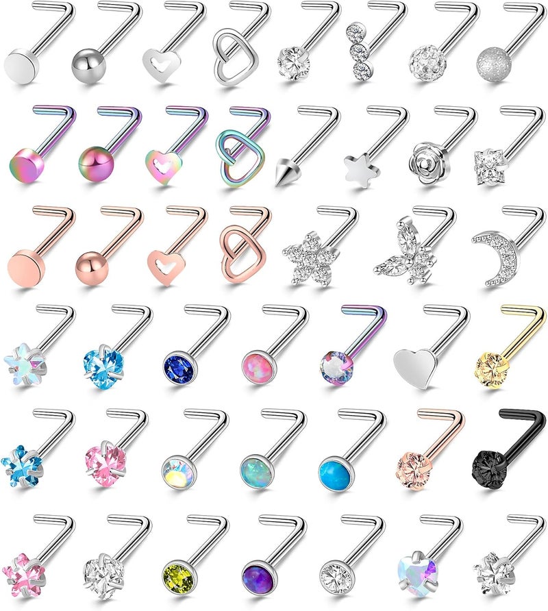 ONESING 36-44 Pcs 18G 20G Nose Rings Studs Nose Rings for Women Nose Piercings Jewelry Surgical Stainless Steel Nose Studs Moon Star Heart Butterfly Hypoallergenic Body Piercing Jewelry for Women Men - Image 1
